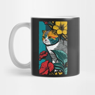 Scottish Fold Cat Vibrant Tropical Flower Tall Retro Vintage Digital Pop Art Portrait Mug